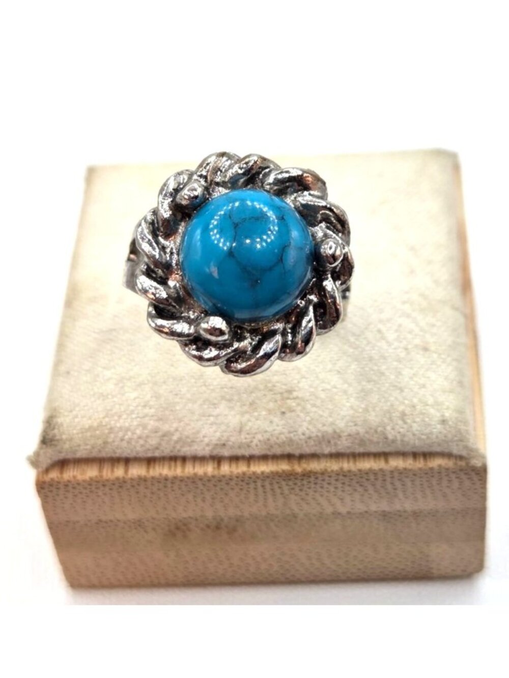 Silver-Tone Adjustable Turquoise Colored Stone Ring With Braided Design
